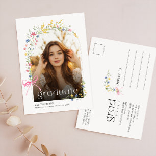 Pink Bow Wildflower Photo Grad Party Invitation Postcard