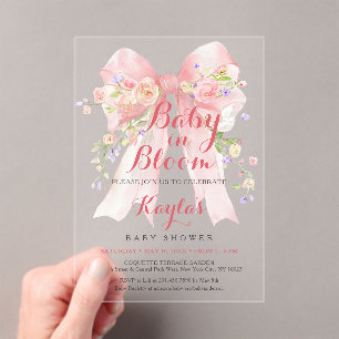 Pink Bow Wildflowers Baby Shower Acrylic Invitations