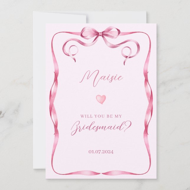 Pink bow will you be my bridesmaid proposal card (Front)