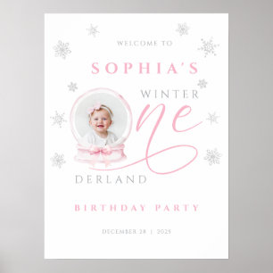 Pink Bow Winter First Birthday Welcome Sign