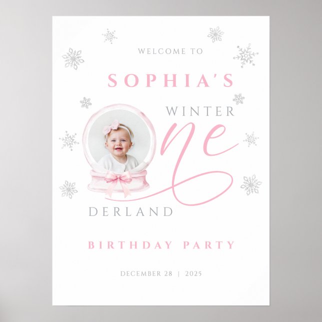 Pink Bow Winter First Birthday Welcome Sign (Front)