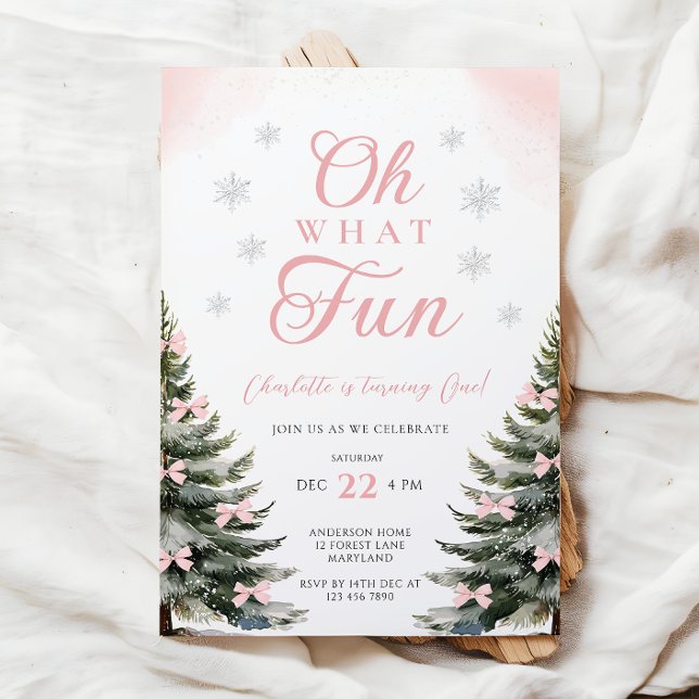 Pink Bow Winter Girl 1st Birthday Invitation (Creator Uploaded)