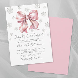 Pink Bow Winter Girl Baby Shower Invitation