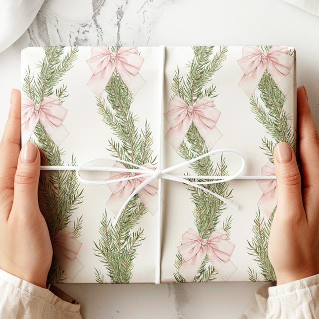 Pink Bow Winter Green Wrapping Paper (Creator Uploaded)