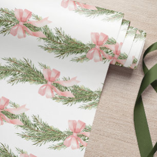 Pink Bow Winter Green Wrapping Paper