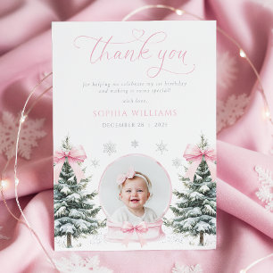 Pink Bow Winter Onderland First Birthday Thank You Card