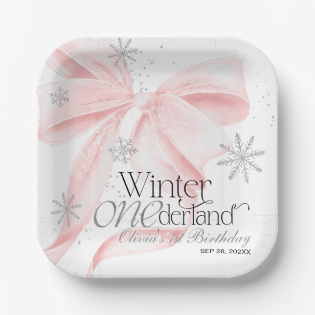 Pink Bow Winter Onederland 1st Birthday Paper Plate (Front)
