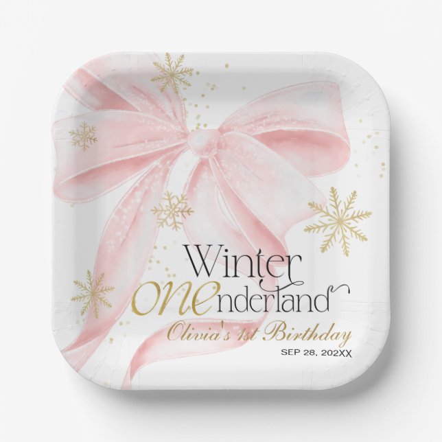 Pink Bow Winter Onederland 1st Birthday Paper Plate (Front)