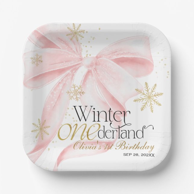 Pink Bow Winter Onederland 1st Birthday Paper Plate (Front)