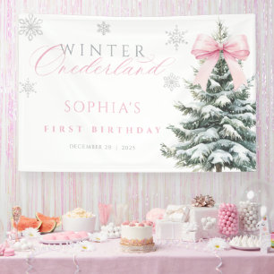 Pink Bow Winter Onederland First Birthday Banner