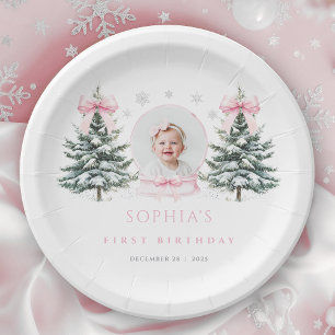 Pink Bow Winter Onederland First Birthday Paper Plate