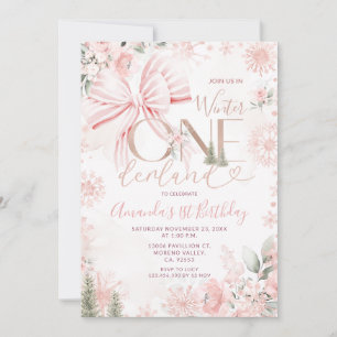 Pink Bow Winter Onederland Floral First Birthday Invitation