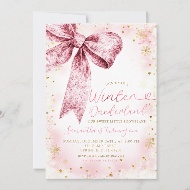 Pink Bow Winter Onederland Snowflake Birthday Invitation (Front)