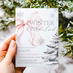Pink Bow Winter Onerderland Girl 1st Birthday Invitation