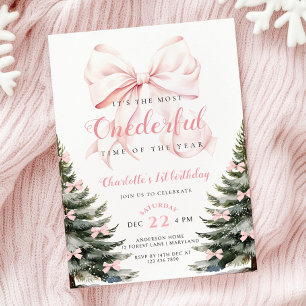 Pink Bow Winter Onerderland Girl 1st Birthday Invitation