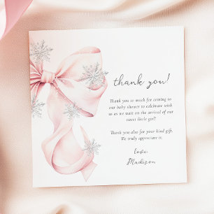 Pink Bow Winter Snowflake Baby Shower Thank You Card