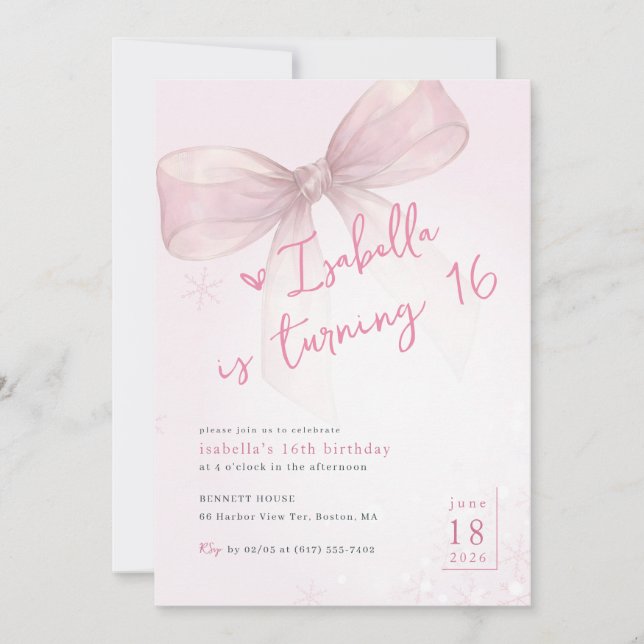 Pink Bow Winter Snowflake Girl 16th Birthday Invitation (Front)