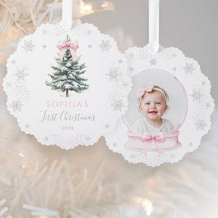 Pink Bow Winter Tree First Christmas Decoration Card