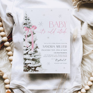 Pink Bow Winter Wonderland Girl Baby Shower Invitation
