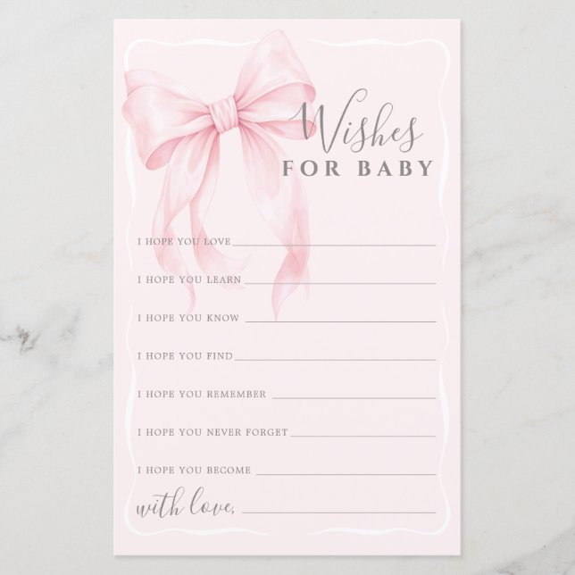 Pink Bow Wishes Advice Game for Girl Baby Shower  (Front)