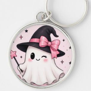 Pink Bow Witch Ghost Coquette Halloween Key Ring