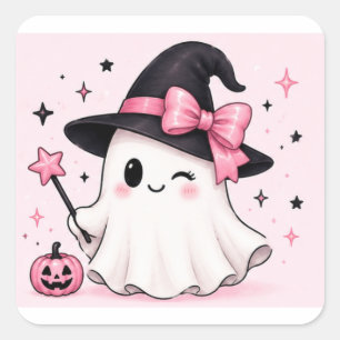 Pink Bow Witch Ghost Coquette Halloween Square Sticker