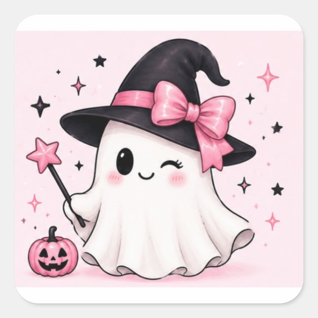 Pink Bow Witch Ghost Coquette Halloween Square Sticker (Front)