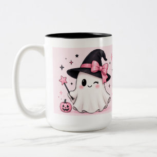 Pink Bow Witch Ghost Coquette Halloween Two-Tone Coffee Mug
