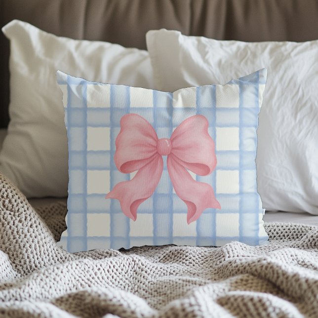 Pink Bow with Blue Plaid Throw Pillow (Creator Uploaded)