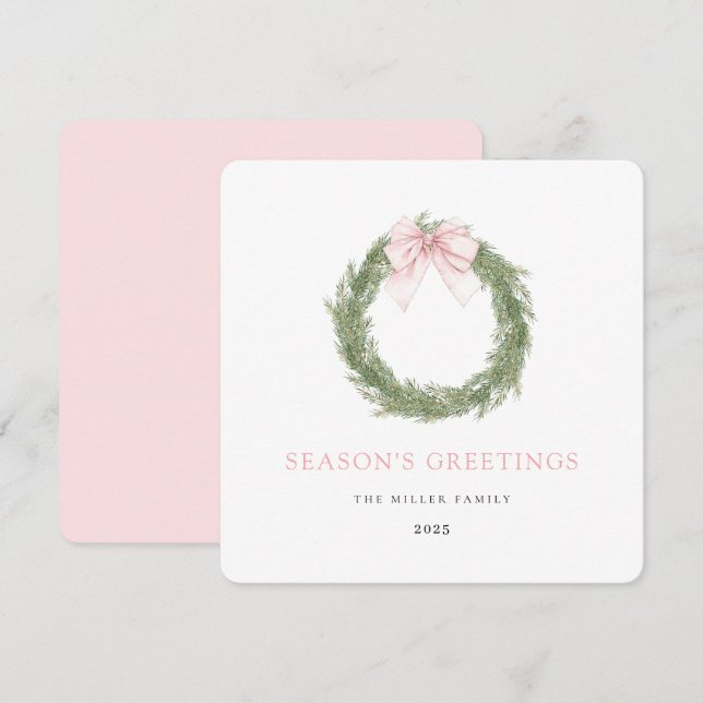 Pink Bow Wreath Christmas Holiday Card (Front/Back)