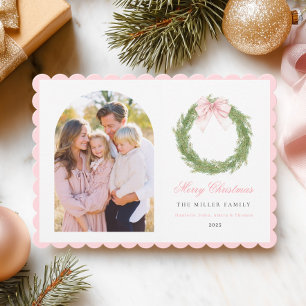 Pink Bow Wreath Christmas Holiday Card