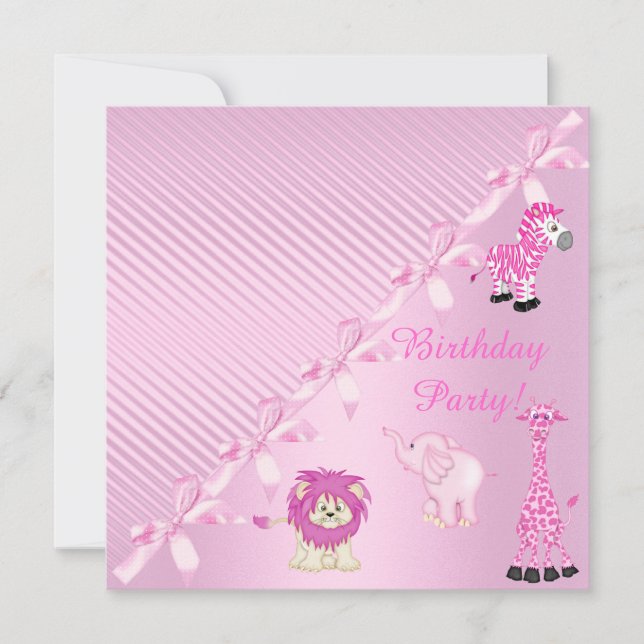 PINK BOW ZOO ANIMALS BIRTHDAY PARTY INVITATION (Front)