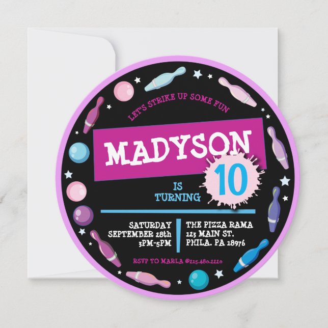 PINK BOWLING BALL NEON Birthday Party Invitation (Front)