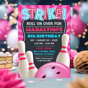 Pink Bowling Party Girls Birthday Invitation