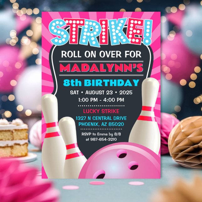 Pink Bowling Party Girls Birthday Invitation (Girls Bowling Party Invitation)