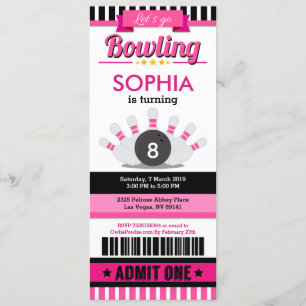 Pink Bowling Ticket Pass Birthday Party Invitation