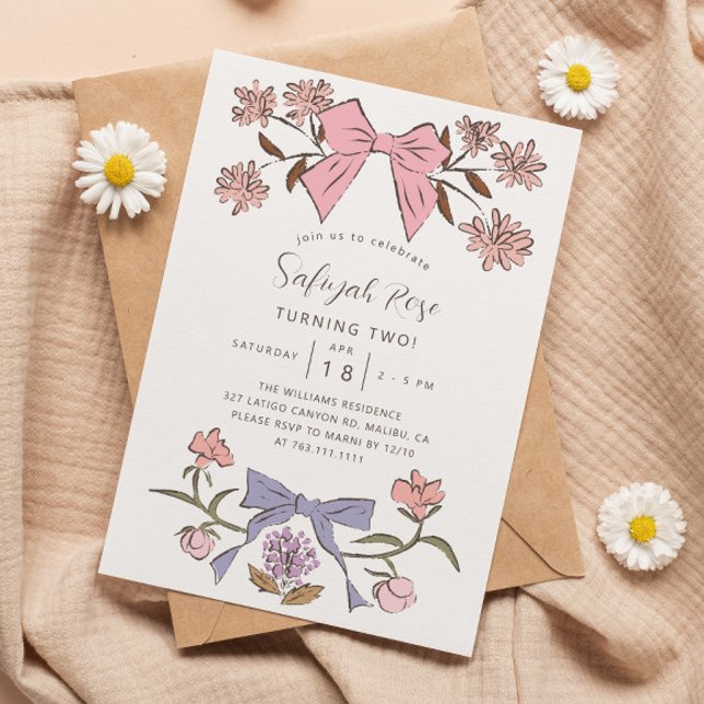 Pink Bows and Blossoms Girl Birthday Party  Invitation (Creator Uploaded)