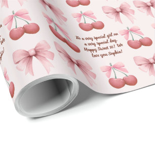 Pink Bows and Cherries Coquette Name Birthday Age Wrapping Paper
