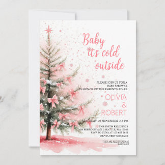 Pink Bows and Christmas Tree Baby Shower Invitation