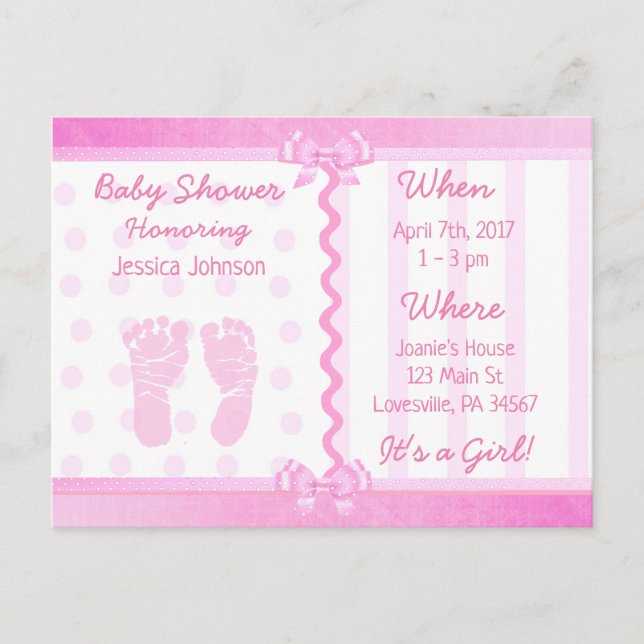 Pink Bows and Polka Dots Baby Shower Invitation Postcard (Front)