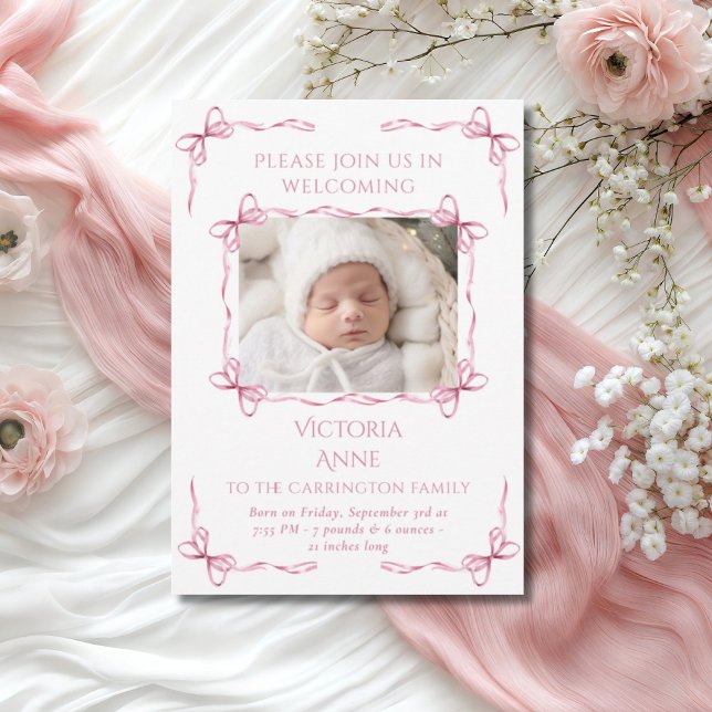 Pink Bows Baby Girl Photo Birth Announcement Card (Creator Uploaded)