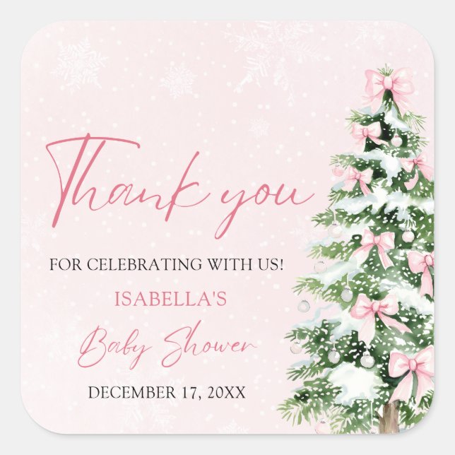Pink Bows Baby It's Cold Outside Baby Shower Square Sticker (Front)