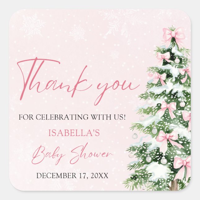 Pink Bows Baby It's Cold Outside Baby Shower Square Sticker (Front)