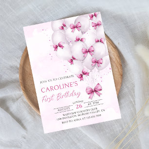 Pink Bows Balloons Girl Birthday Invitation