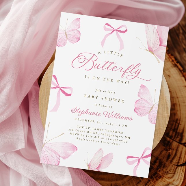 Pink Bows Butterflies Baby Shower Invitation (Creator Uploaded)