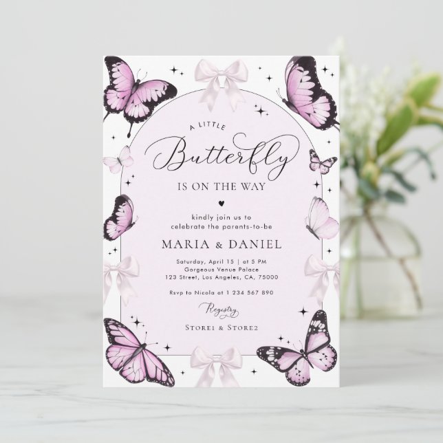 Pink Bows & Butterflies Pink Girl Baby Shower Invitation (Standing Front)