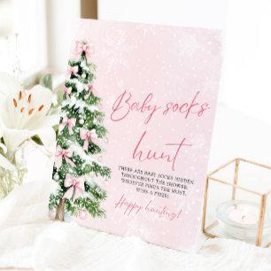Pink Bows Christmas Tree Baby Socks Hunt Game Pedestal Sign