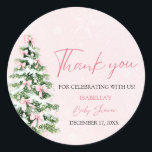 Pink Bows Christmas Tree Girl Winter Baby Shower Classic Round Sticker<br><div class="desc">The Pink Bows Christmas Tree Girl Winter Baby Shower Classic Sticker adds a delightful touch to your winter baby shower! With a soft pink bow and festive Christmas tree, this sticker is perfect for a baby girl’s seasonal celebration. Use it to decorate favours, envelopes, or decor items to bring cosy,...</div>