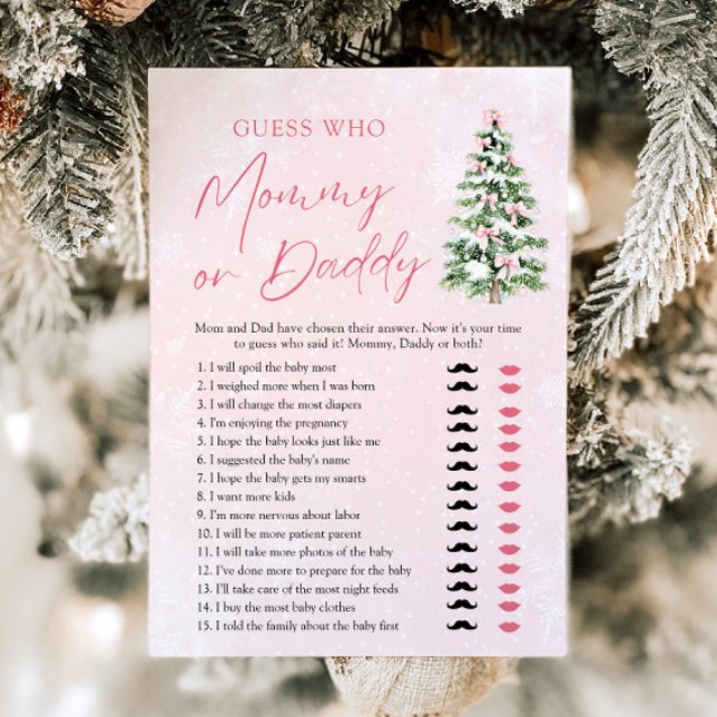 Pink Bows Christmas Tree Guess Who Mum or Dad Game Invitation (Pink Bows Christmas Tree Guess Who Mom or Dad Game)