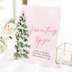 Pink Bows Christmas Tree Parenting Tip Jar Game Pedestal Sign